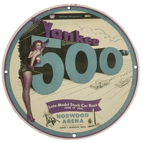 Vintage Yankee 500 Porcelain Sign - Collectible Gas & Oil Advertising - Late Model Race Car 1961