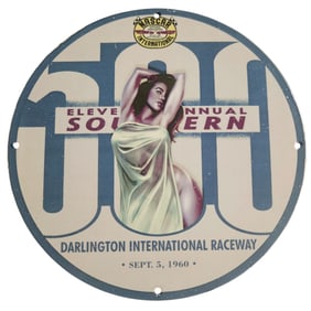Vintage 1960 Darlington International Raceway NASCAR Porcelain Sign - Southern 500