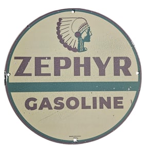 Vintage 1945 Zephyr Gasoline Porcelain Sign - Unique Collector's Item for Race Car Enthusiasts
