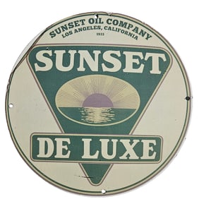 Vintage Sunset Oil Company Porcelain Sign (1933) - Unique Race Car Collectible