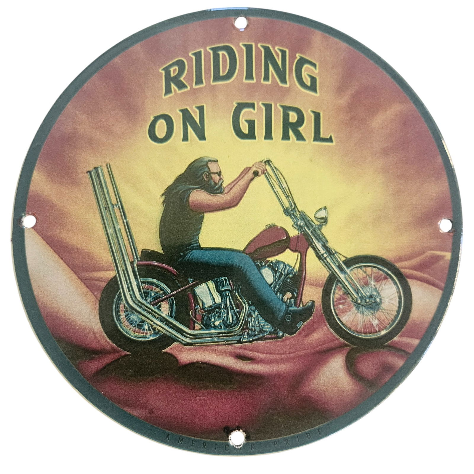 Vibrant David Mann Inspired Motorcycle Porcelain Sign - Riding On Girl - 8-inch Collectible
