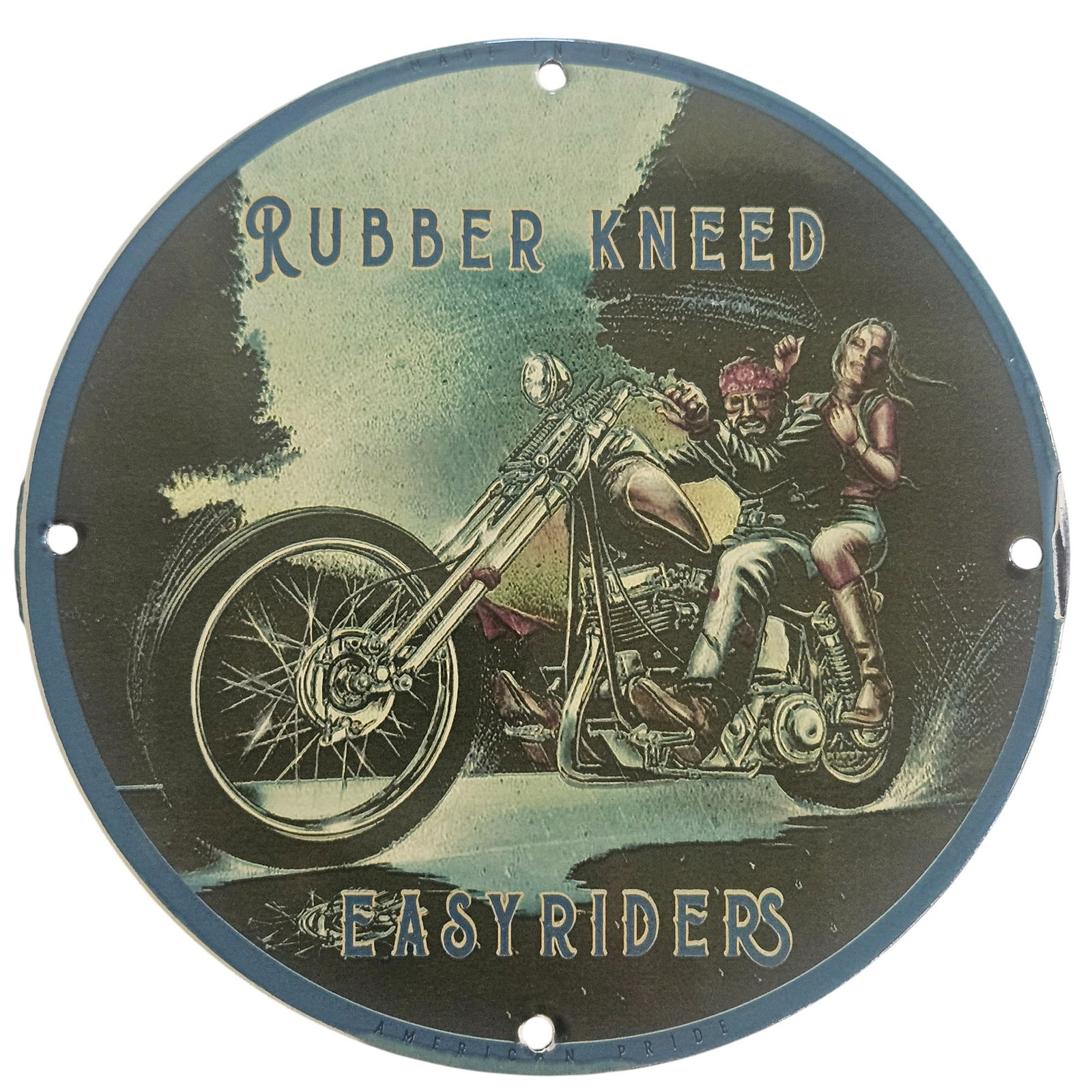 Vintage David Mann Inspired Porcelain Sign - Rubber Kneed Easy Riders - 8" Collectible: Are you a motorcycle enthusiast or collector looking for the perfect decorative piece to showcase your passion? Look no further! Presenting an exquisite vintage porcelain sign inspired by the legendar