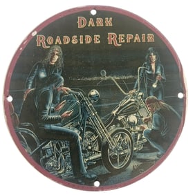 Collectible David Mann Inspired Porcelain Sign: Dark Roadside Repair - 8" Diameter Motorcycle Art