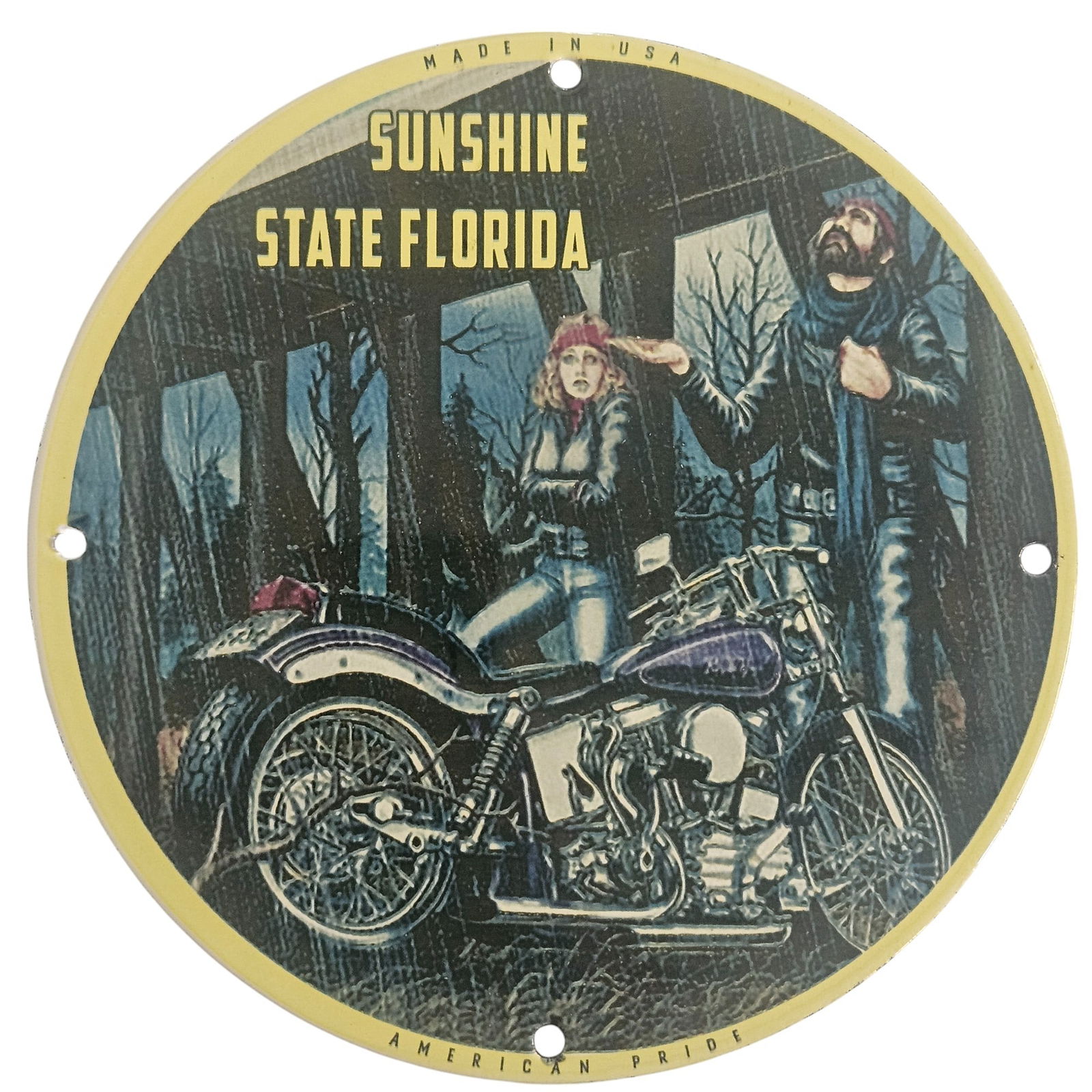 David Mann Inspired Motorcycle Collectible Porcelain Signs ? 8" Diameter Road Artwork: Dive into the nostalgia of motorcycle culture with these stunning David Mann inspired porcelain signs. Measuring 8 inches in diameter, each piece captures the essence of freedom on the open road, show