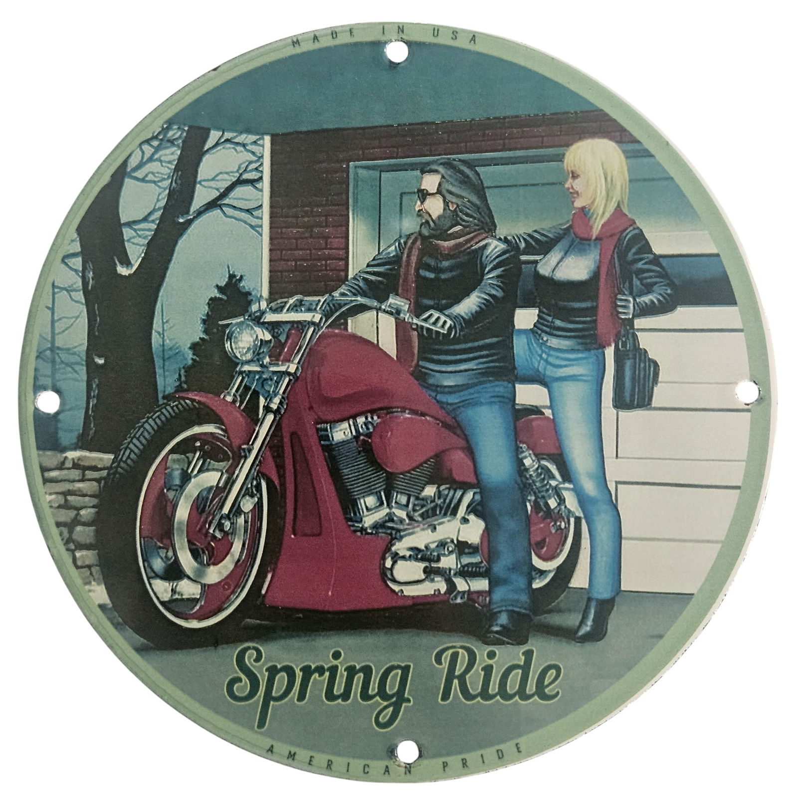David Mann Inspired Porcelain Motorcycle Sign - 8" Spring Ride Collectible: Explore the captivating world of motorcycle art with this exquisite porcelain sign, perfectly designed for enthusiasts and collectors alike. Measuring 8 inches in diameter, this collectible road artwo
