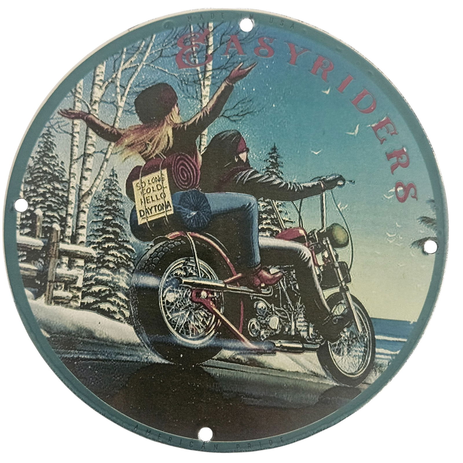 David Mann Inspired Easy Riders Porcelain Sign | 8" Motorcycle Collectible Art: Dive into the captivating world of motorcycle culture with our exquisite 8-inch diameter porcelain sign inspired by the legendary artwork of David Mann. This collectible piece vividly encapsulates the