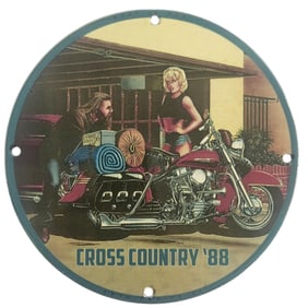 Vintage David Mann Inspired Motorcycle Collectible Porcelain Sign - 'Cross Country 88'