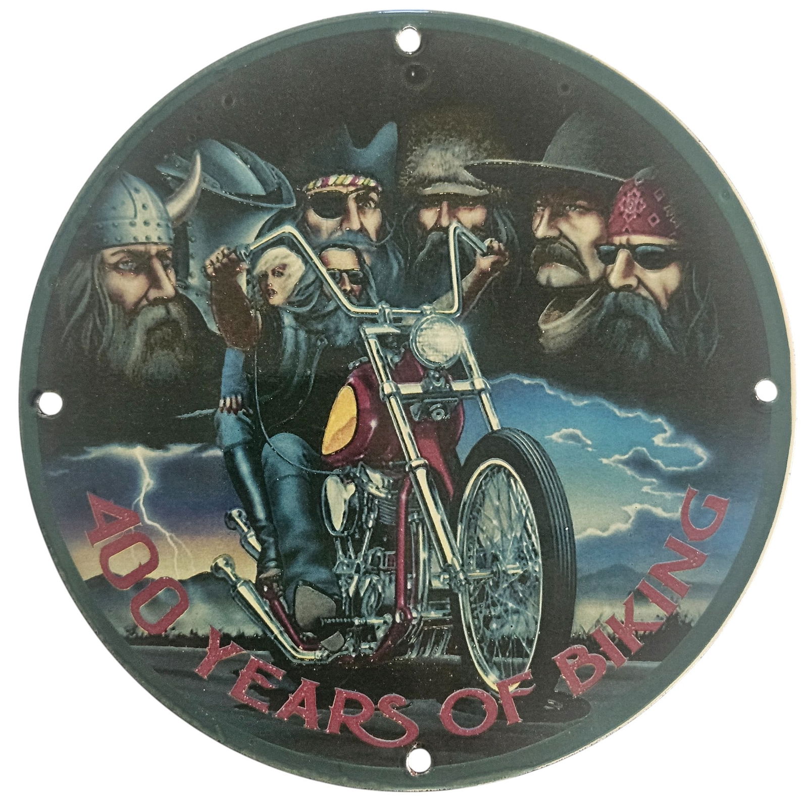 David Mann Inspired 400 Years of Biking Porcelain Motorcycle Sign - 8 inch Collectible Art: Dive into the world of motorcycle culture with this exquisite 8-inch porcelain sign inspired by the legendary artist David Mann. Celebrating '400 Years of Biking,' this collectible piece combines nost