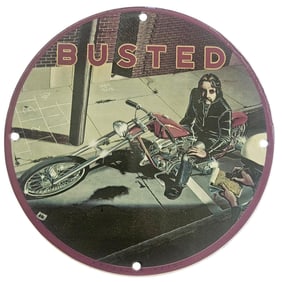 BUSTED: David Mann Inspired Motorcycle Collectible Porcelain Sign - 8" Diameter