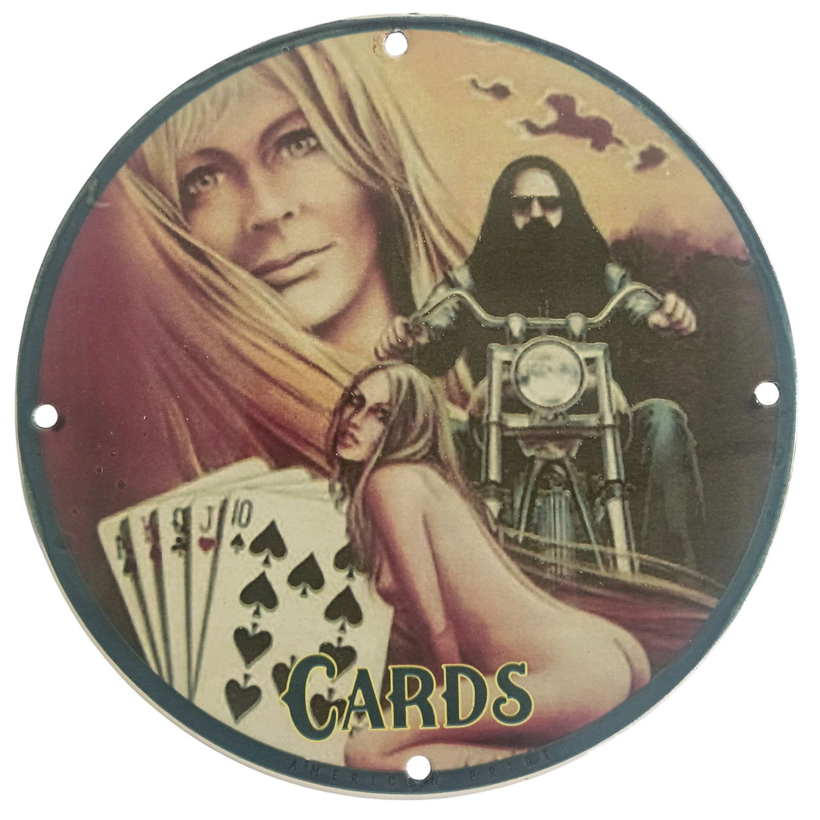 David Mann Inspired Motorcycle Artwork: 8-Inch Collectible Porcelain Sign - Cards Theme: Discover a stunning piece of motorcycle-themed artwork with this collectible porcelain sign inspired by the legendary David Mann. Measuring a perfect 8 inches in diameter, this sign features eye-catch