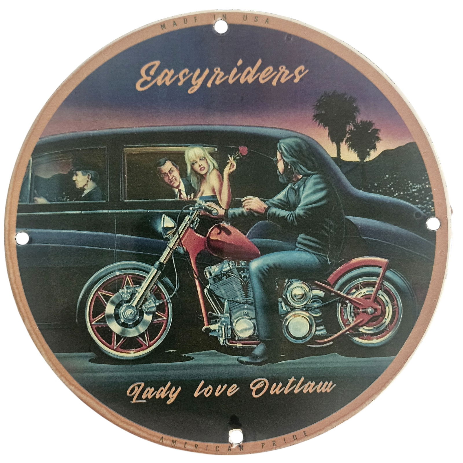 David Mann Inspired Porcelain Motorcycle Sign - Easyriders Lady Love Outlaw 8in: Get ready to rev your engines with this stunning porcelain sign inspired by the legendary artist David Mann. This unique collectible features iconic imagery from the motorcycle culture, encapsulating