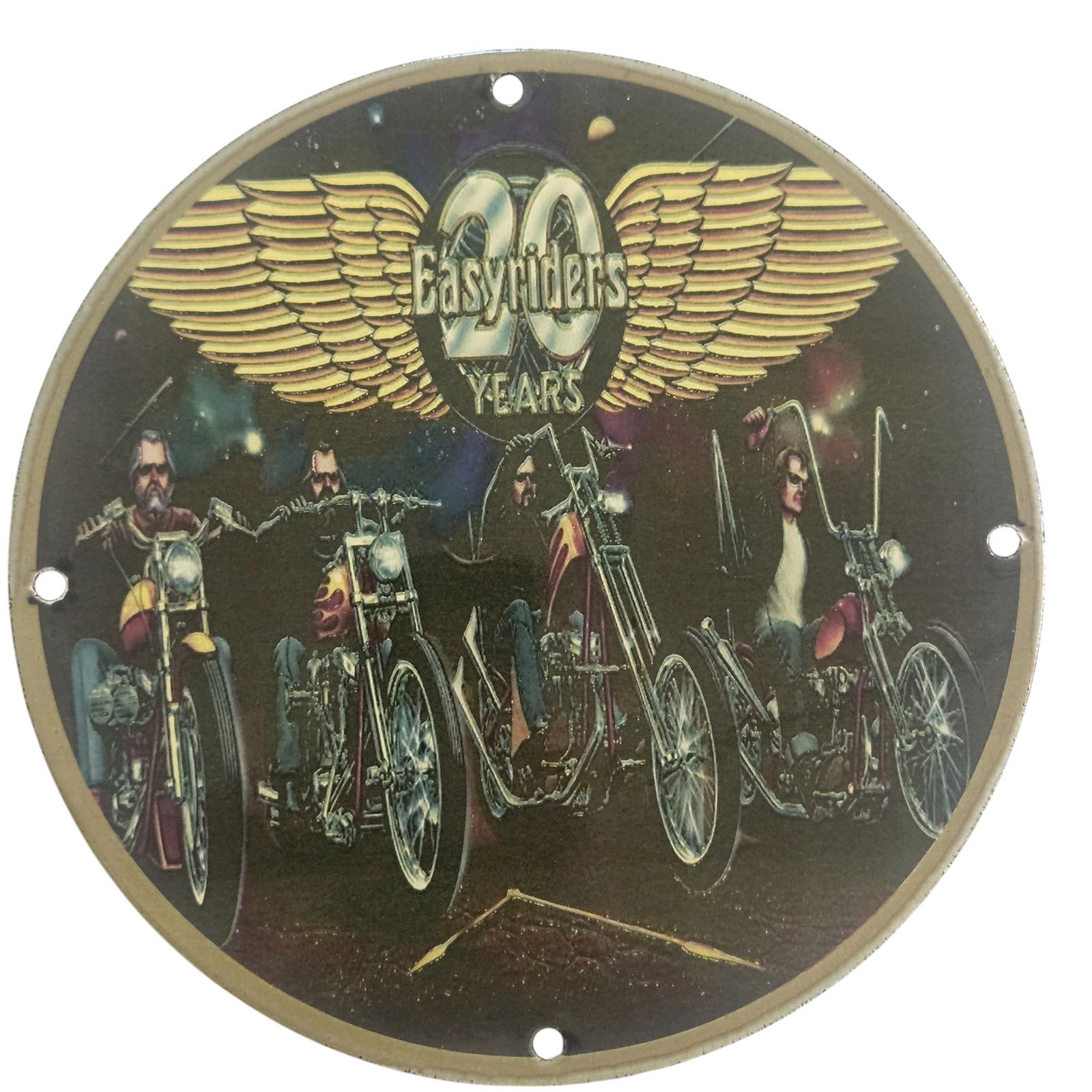 Collectible David Mann Inspired 8" Porcelain Sign - Celebrating 20 Years of Easyriders: Celebrate the spirit of freedom and the open road with this stunning 8-inch diameter porcelain sign, inspired by the iconic artwork of David Mann. This collectible sign honors 20 years of Easyriders,