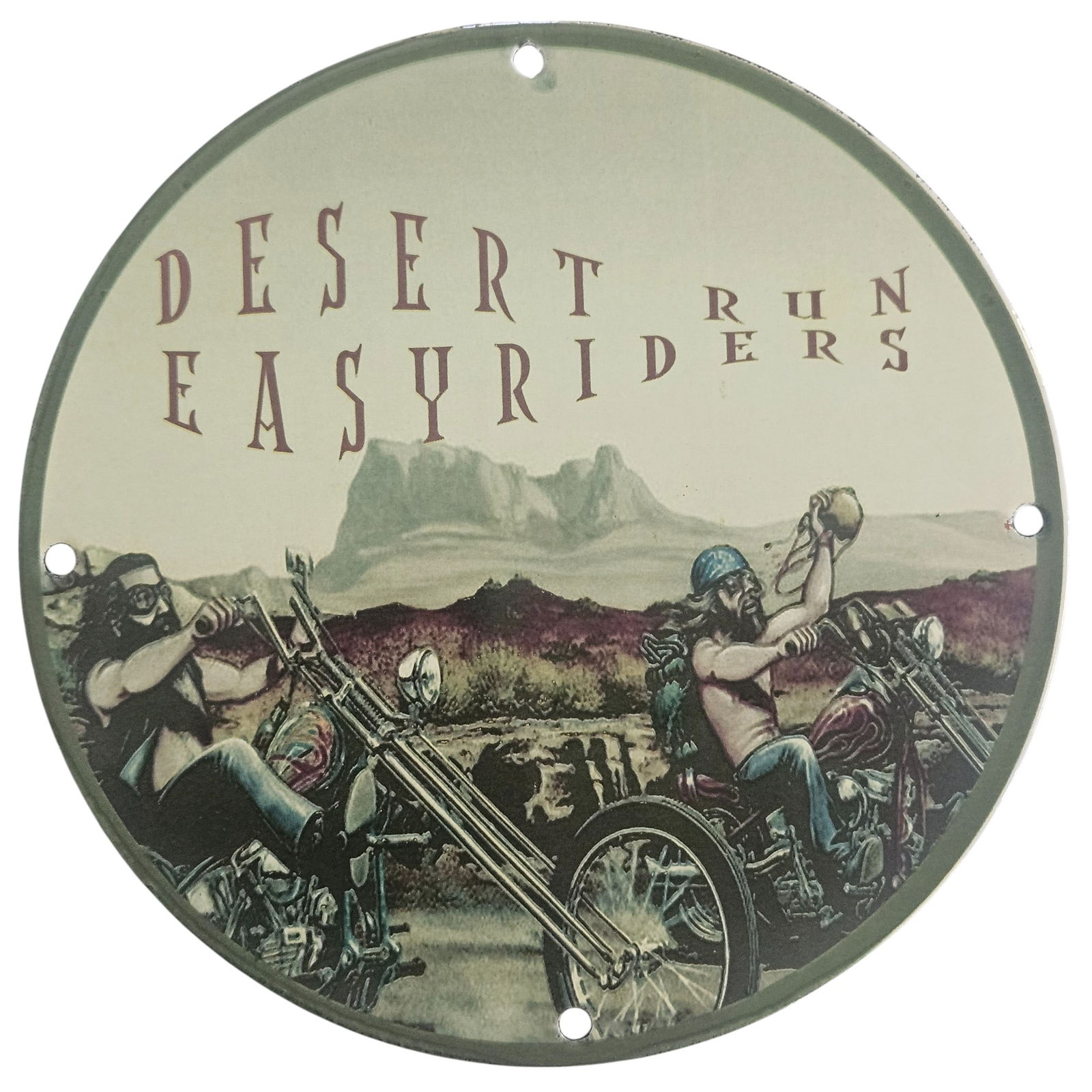 David Mann Inspired Motorcycle Porcelain Sign: Desert Easyriders Collectible Artwork: Elevate your motorcycle memorabilia collection with this stunning 8-inch diameter porcelain sign inspired by the legendary artist David Mann. This collectible piece features the iconic imagery of 'Des