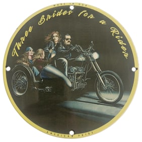 David Mann Inspired Motorcycle Porcelain Sign - Three Brides for a Rider | 8-inch Collectible