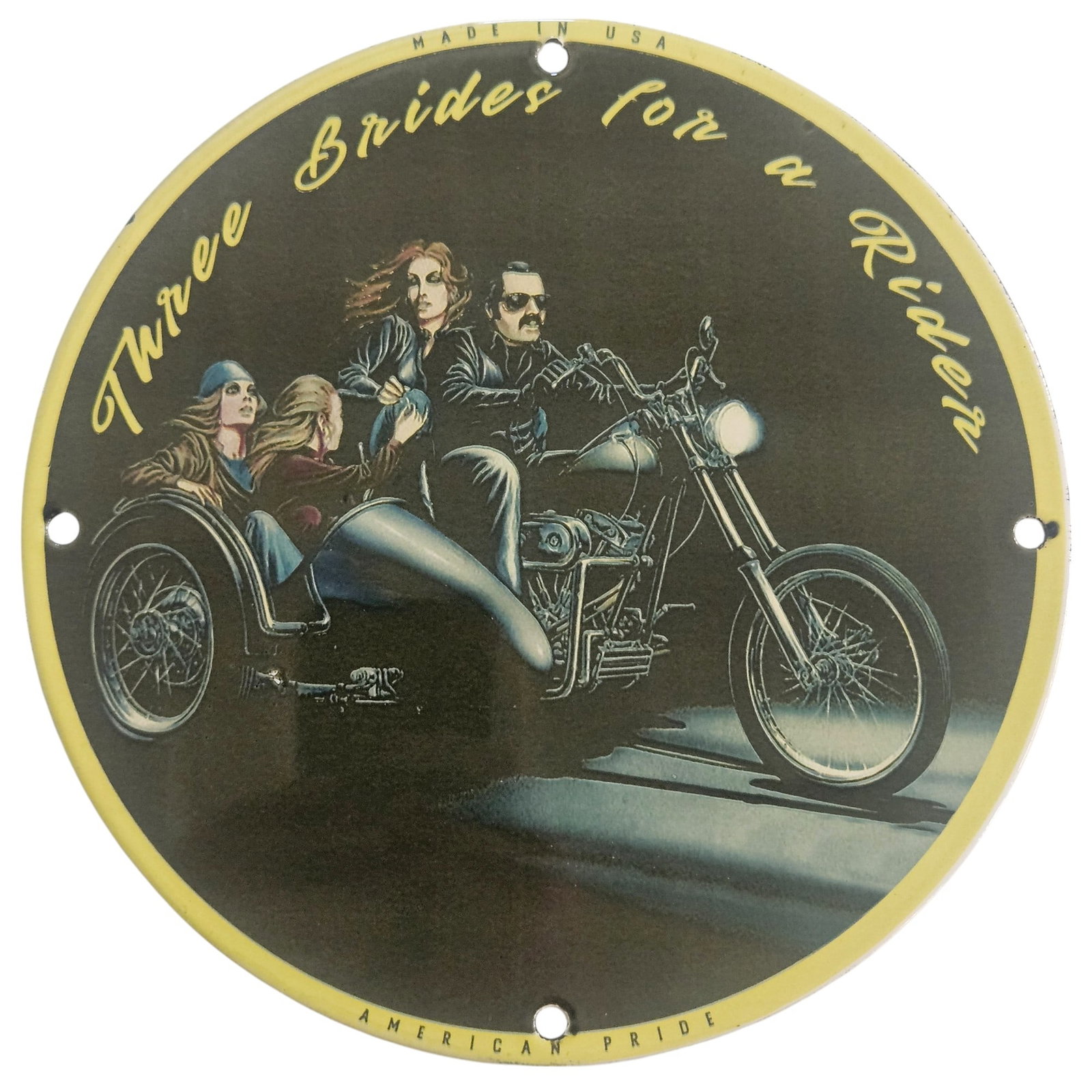 David Mann Inspired Motorcycle Porcelain Sign - Three Brides for a Rider | 8-inch Collectible: Explore the allure of the open road with this stunning porcelain sign inspired by the renowned artist David Mann. This collectible piece, measuring 8 inches in diameter, captures a captivating scene t
