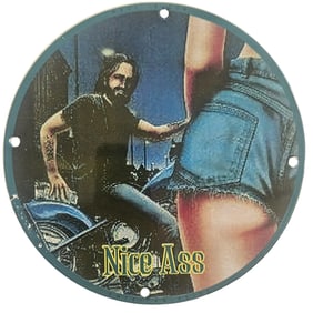 David Mann Inspired Motorcycle Collectible Porcelain Sign - 8-Inch Round "Nice Ass" Artwork