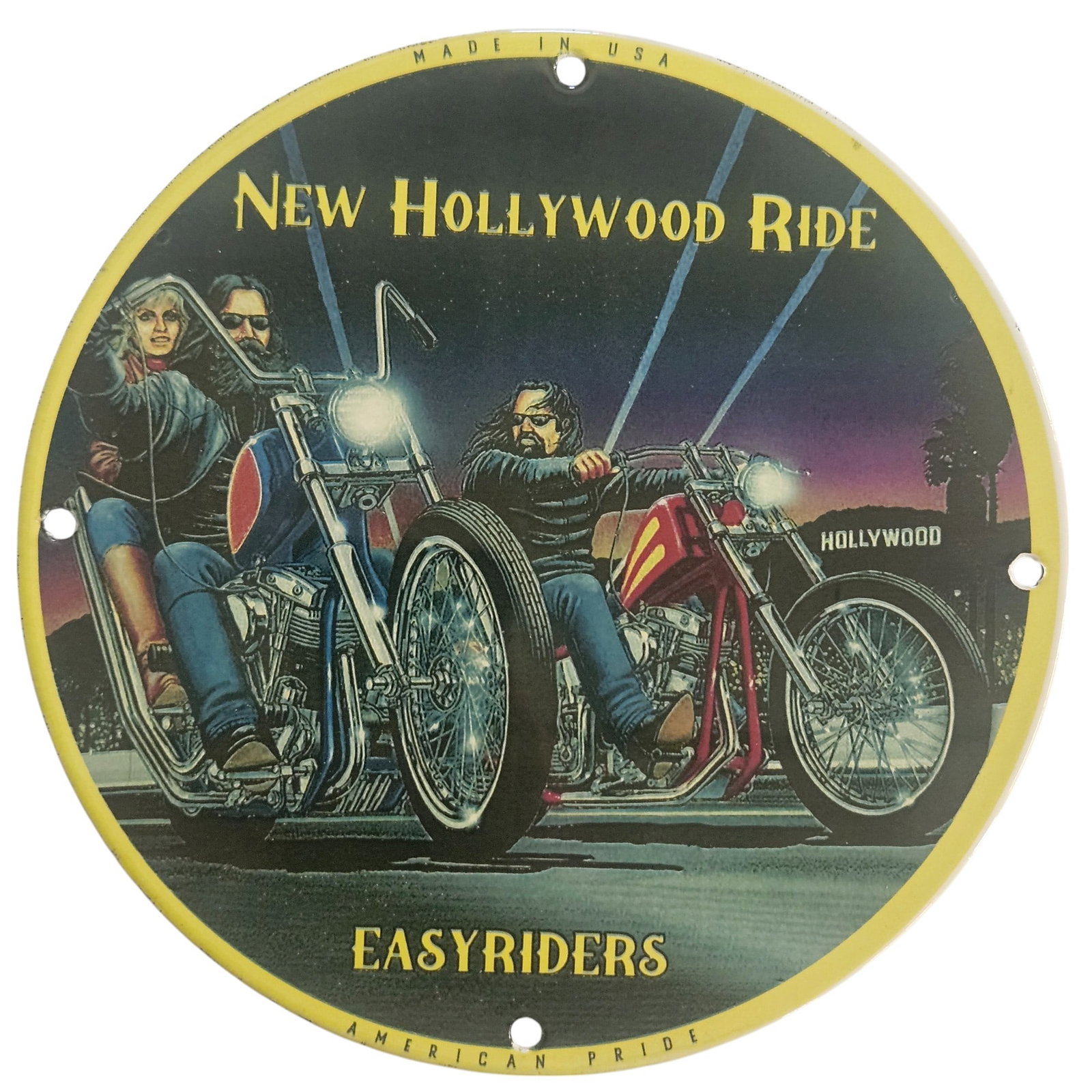 David Mann Inspired Porcelain Motorcycle Sign - New Hollywood Ride - 8" Collector's Dream: Introducing the exquisite porcelain sign inspired by the legendary artist David Mann, renowned for his iconic representations of motorcycle culture. This collectible sign, measuring 8 inches in diamet