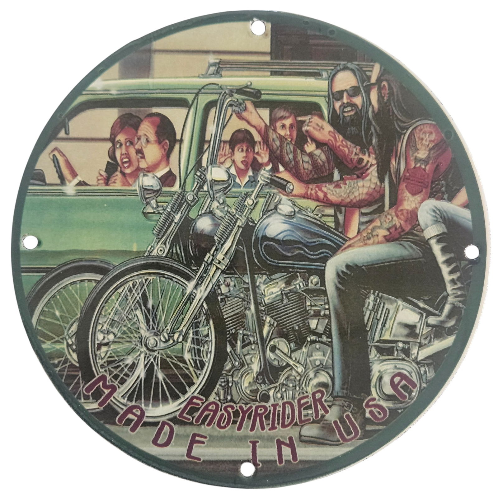 David Mann Inspired 8-Inch Porcelain Motorcycle Sign - Easy Rider Collectible Artwork: Discover an iconic piece of motorcycle history with this exquisite 8-inch diameter porcelain sign inspired by the legendary artist David Mann, known for his captivating depictions of the biker lifesty
