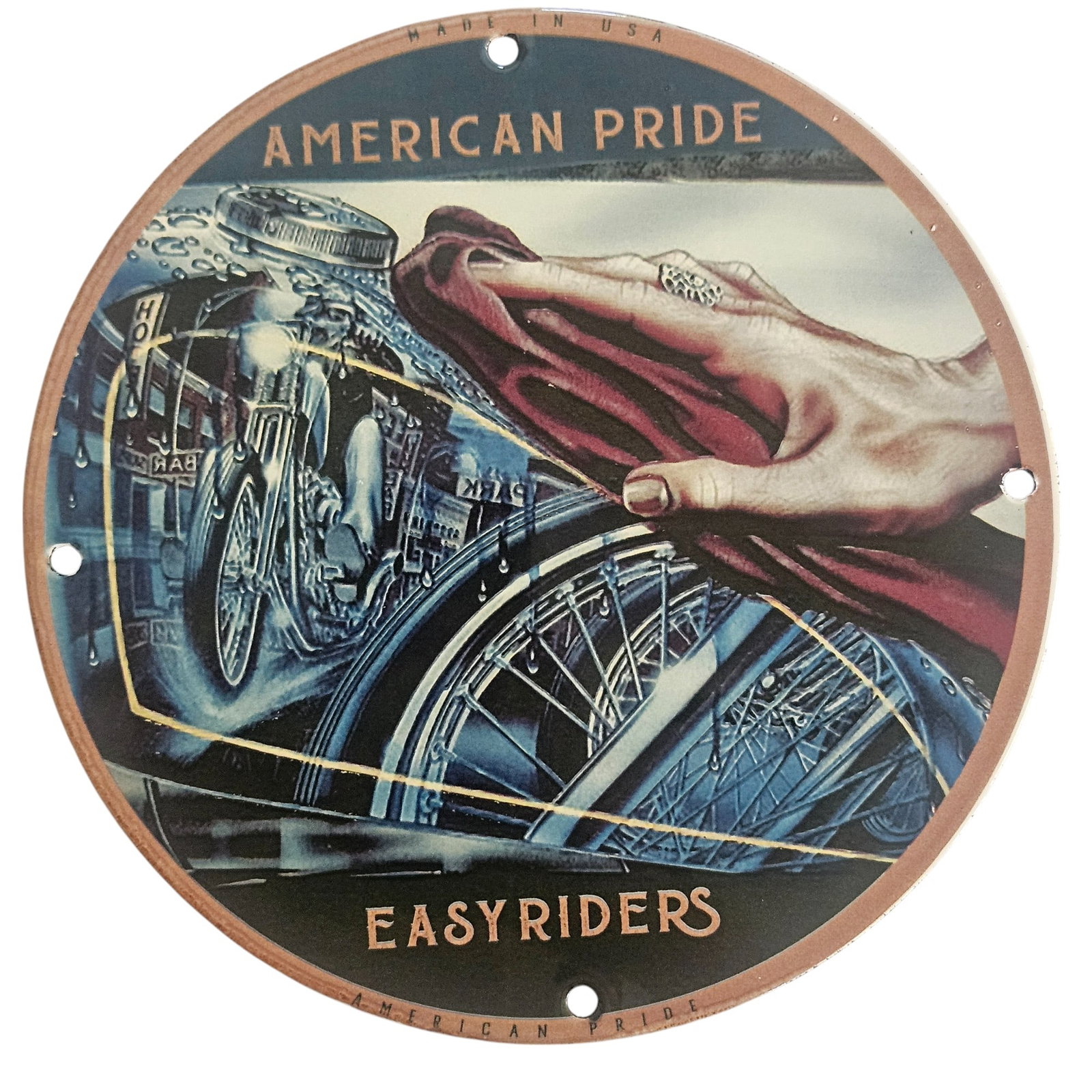 David Mann Inspired Motorcycle Collectible Porcelain Sign - American Pride - 8 Inches: Discover the embodiment of motorcycle culture with this stunning 8-inch porcelain sign inspired by the iconic artwork of David Mann. Titled 'American Pride,' this collectible piece captures the spirit