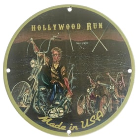 Vintage Hollywood Run Motorcycle Porcelain Sign - David Mann Inspired Artwork, 8-Inch Collector's