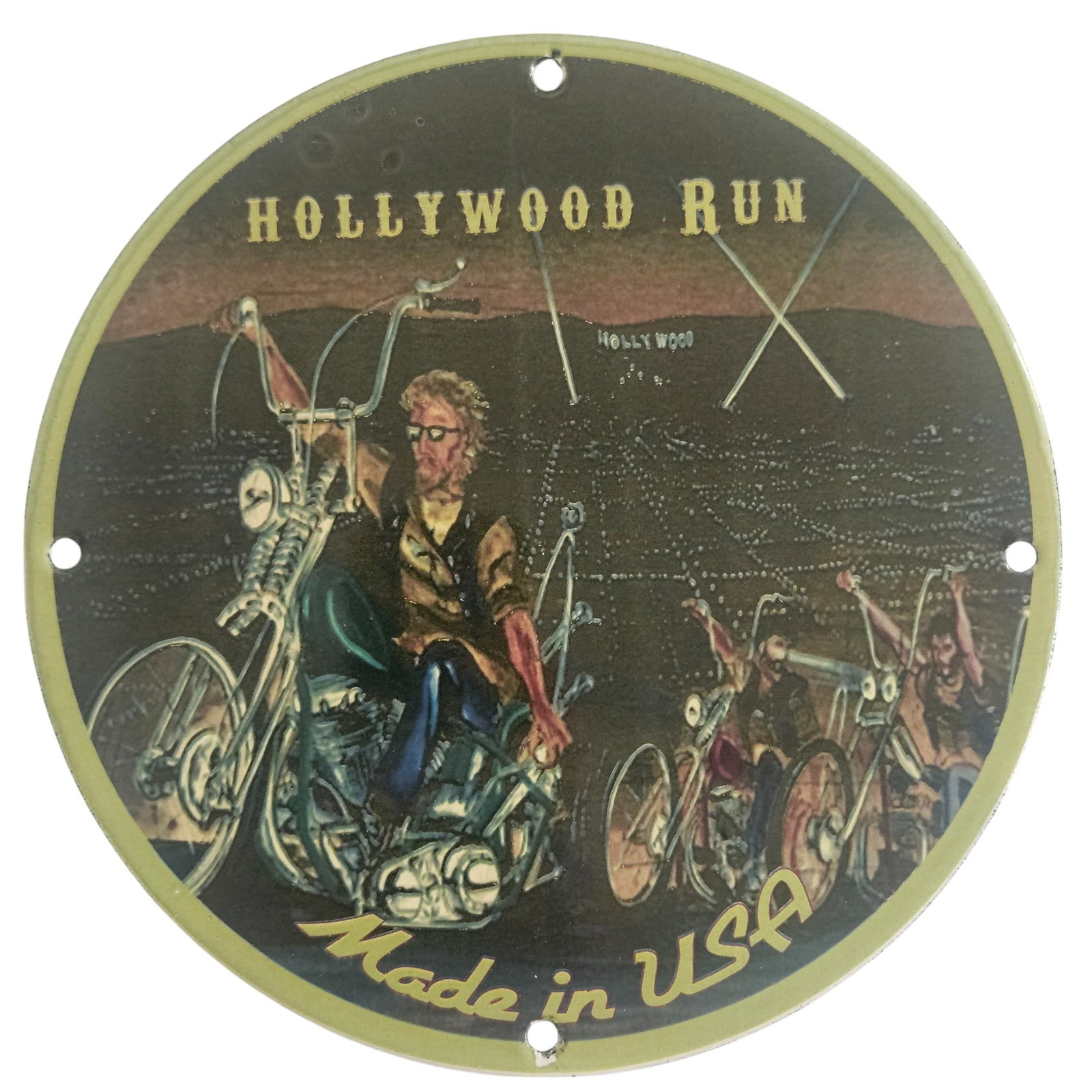 Vintage Hollywood Run Motorcycle Porcelain Sign - David Mann Inspired Artwork, 8-Inch Collector's: Elevate your collection with this stunning vintage porcelain sign, a remarkable homage to the iconic artwork of David Mann. Measuring eight inches in diameter, this collectible sign showcases the thri