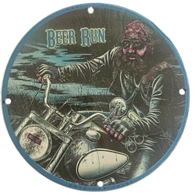 Vintage David Mann Inspired Beer Run Motorcycle Porcelain Sign - 8 Inches Collectible Art