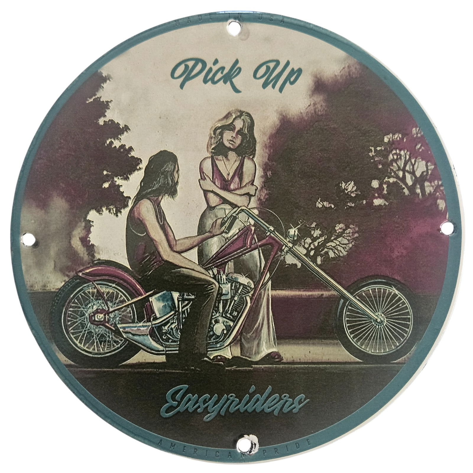 Vintage David Mann Inspired Motorcycle Porcelain Sign - 8" Easy Riders Collectible Art: Rev up your passion for motorcycles and classic art with this stunning 8-inch porcelain sign inspired by renowned artist David Mann. Perfect for motorcycle enthusiasts and collectors alike, this uniqu
