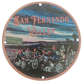 Vintage David Mann Inspired Porcelain Sign - San Fernando Valley Motorcycle Artwork