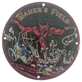 Baker's Field Porcelain Sign - David Mann Inspired Motorcycle Collectible - 8" Diameter