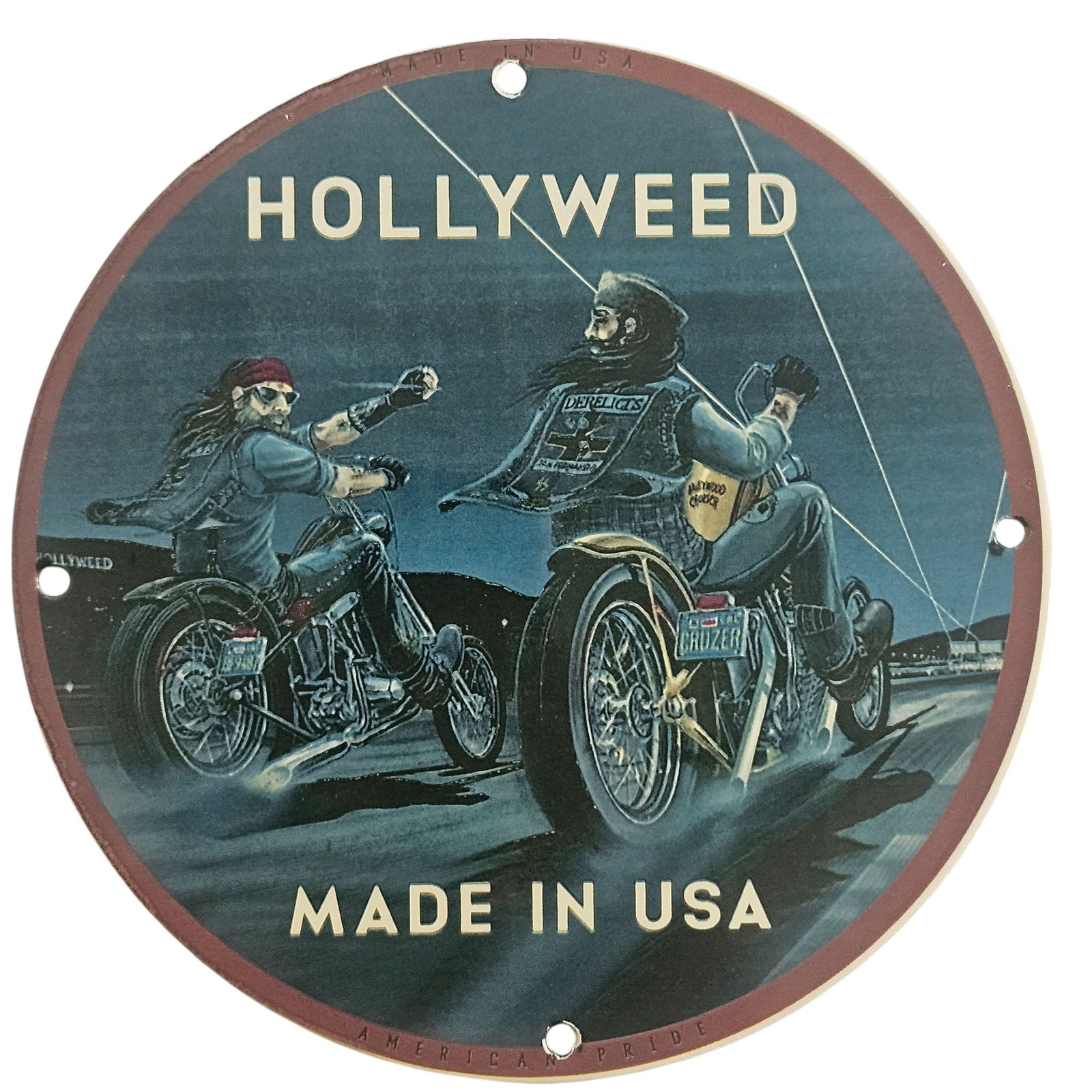 Vintage David Mann Inspired Porcelain Sign: 'HOLLYWEED' Motorcycle Collectible: Introducing a unique collectible for motorcycle enthusiasts and art lovers alike: this stunning 8-inch diameter porcelain sign, inspired by the renowned artist David Mann, captures the spirit of freed