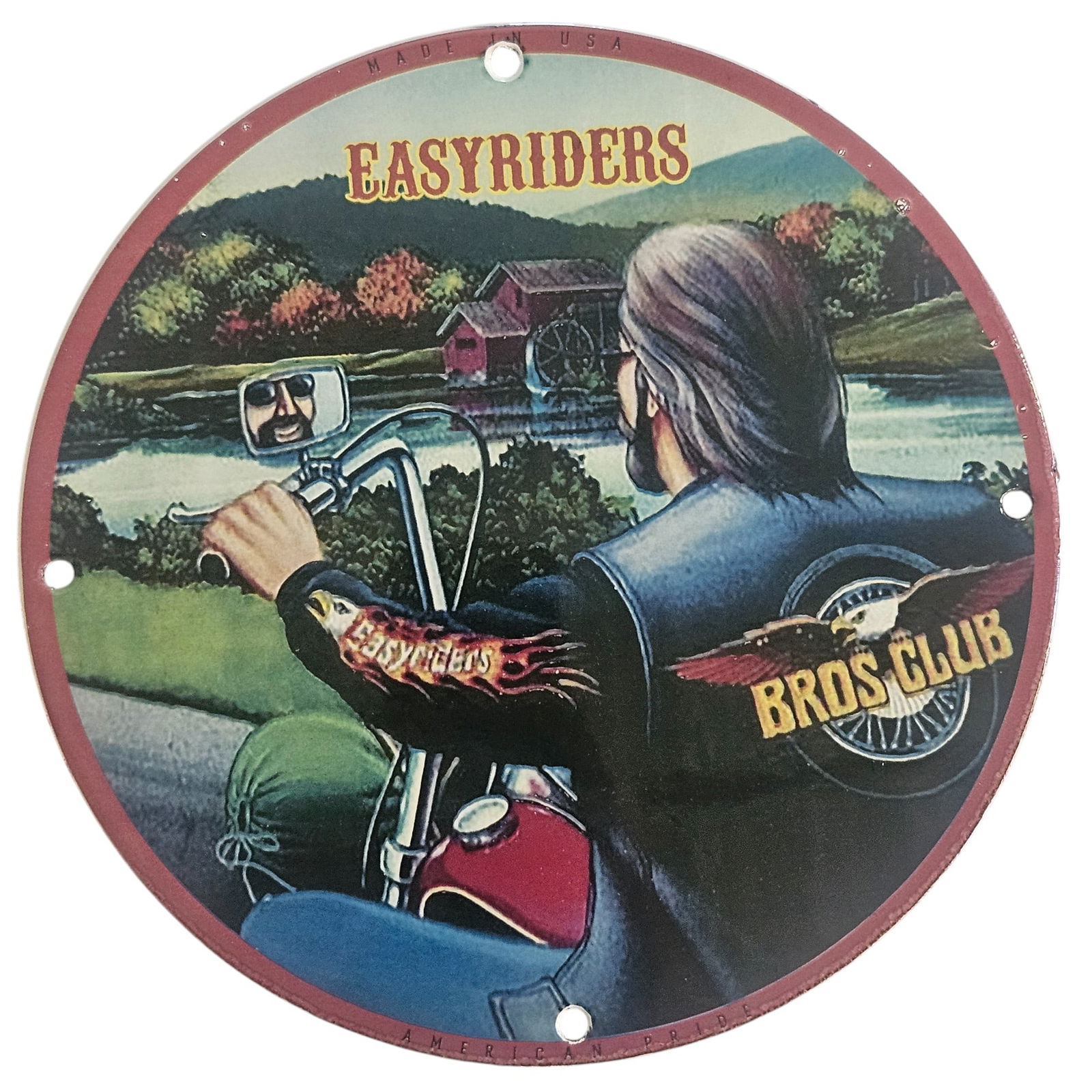 David Mann Inspired Easy Riders Motorcycle Porcelain Sign ? 8" Diameter Collectible: Discover the thrill of the open road captured in art with this stunning porcelain sign, inspired by the legendary motorcycle artist David Mann. Measuring 8 inches in diameter, this collectible piece s