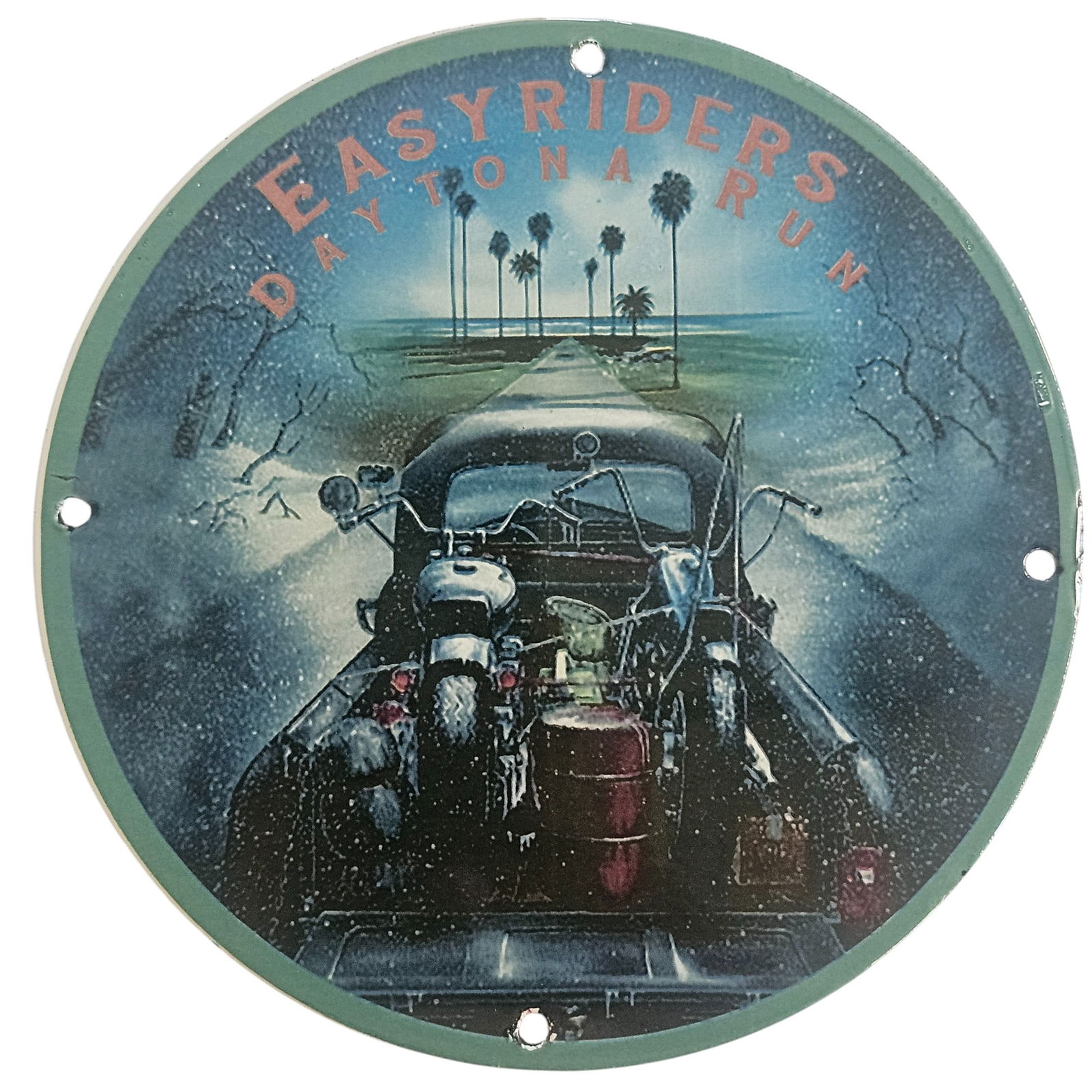 David Mann Inspired Easyriders Daytona Run Porcelain Sign - 8 Inch Motorcycle Collectible: Discover the charm of motorcycle culture with this stunning porcelain sign inspired by the legendary artist David Mann. Measuring 8 inches in diameter, this collector's item is perfect for any motorcy