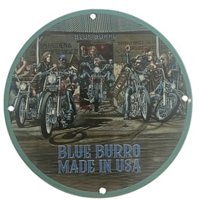 David Mann Inspired Porcelain Sign - Blue Burro Motorcycle Collectible - 8" Diameter