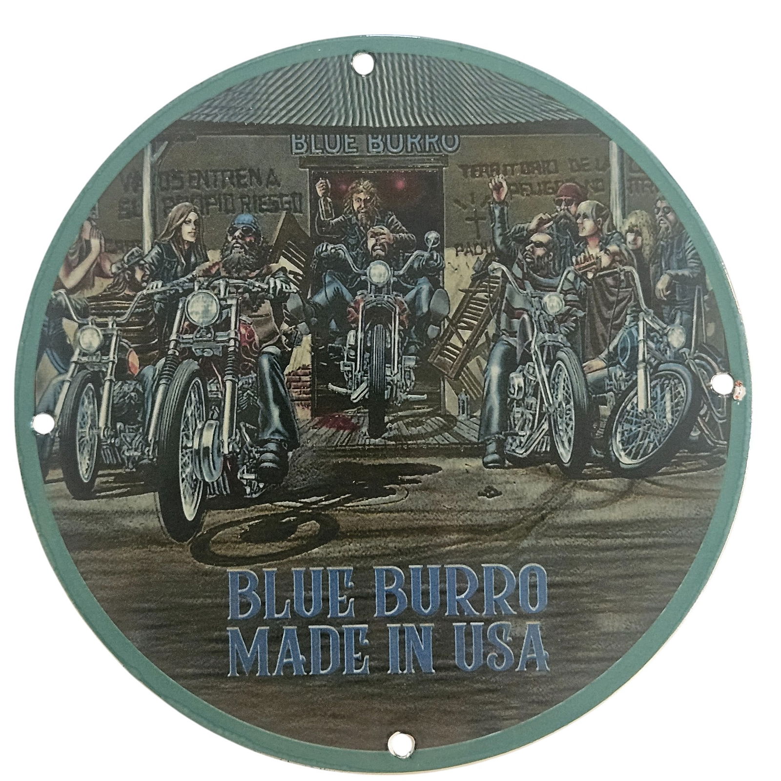 David Mann Inspired Porcelain Sign - Blue Burro Motorcycle Collectible - 8" Diameter: Explore the thrilling world of motorcycle culture with this exquisite 8-inch diameter porcelain sign, inspired by the legendary artwork of David Mann. This unique collectible showcases a vibrant depic