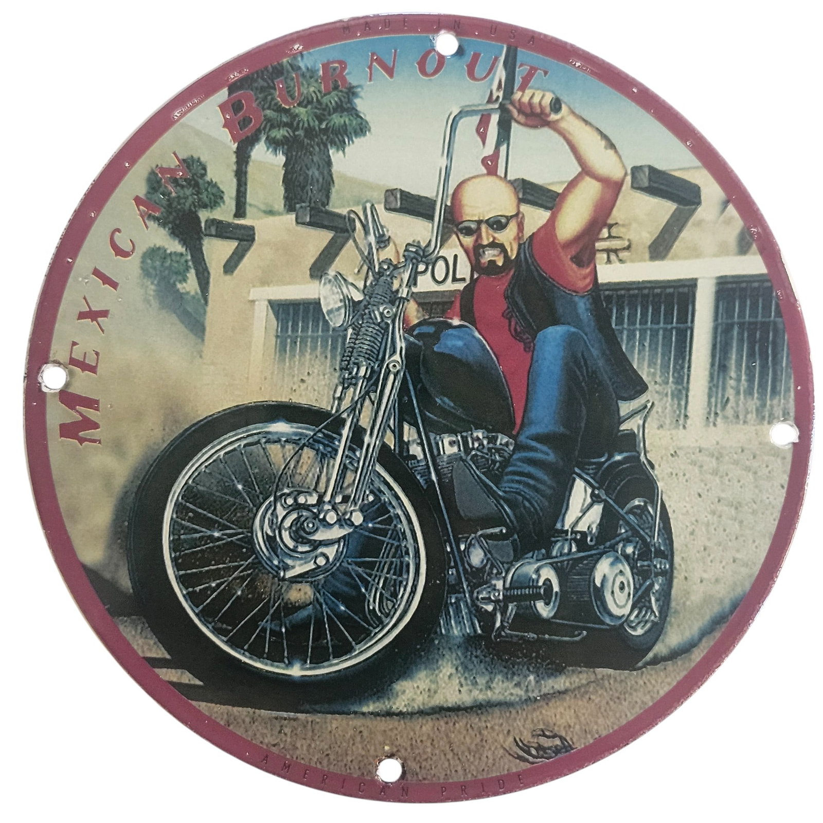 David Mann Inspired Motorcycle Collectible Porcelain Sign - Mexican Burnout (8" Diameter): Experience the thrill of the open road with our exclusive David Mann inspired motorcycle collectible porcelain signs. Measuring 8 inches in diameter, this 'Mexican Burnout' sign is a must-have for any