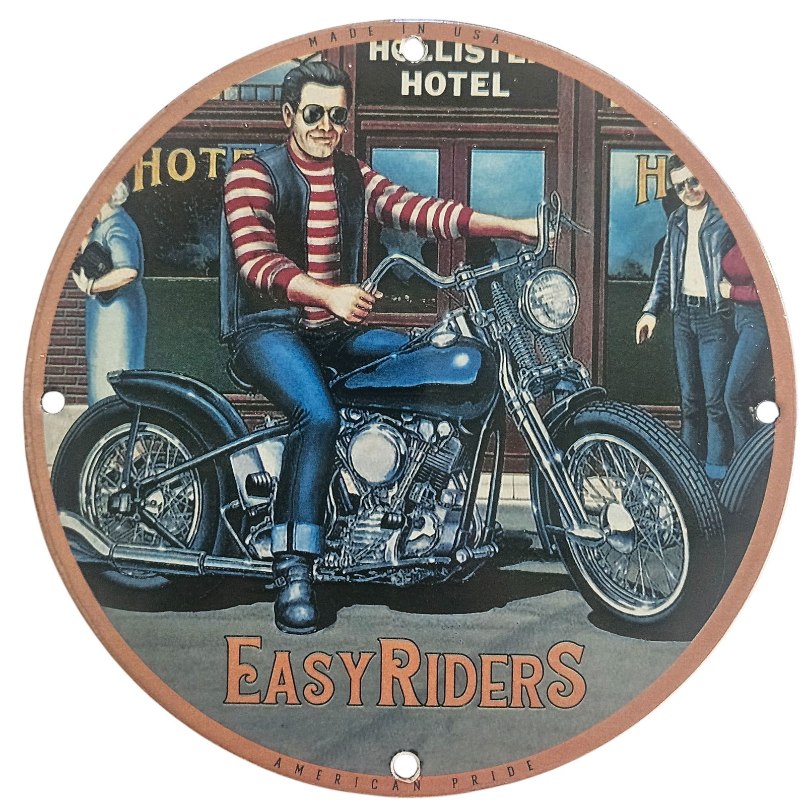 David Mann Inspired Motorcycle Collectible Porcelain Sign - Easy Riders Artwork: This stunning 8-inch diameter porcelain sign pays tribute to motorcycle culture, inspired by the iconic art of David Mann. Embrace the spirit of the open road with this collectible piece depicting the