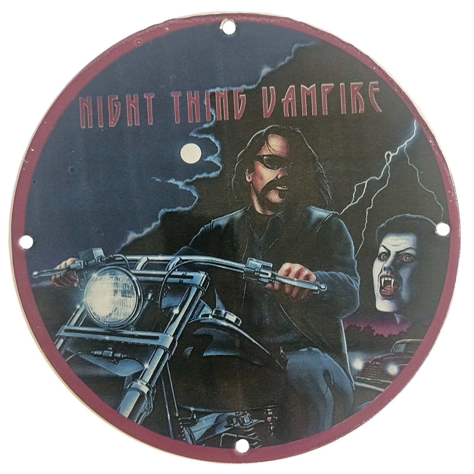 David Mann Inspired Motorcycle Collectible Porcelain Signs - Night Thing Vampire: Discover the thrill of the open road and the allure of the supernatural with this stunning 8-inch diameter porcelain sign featuring captivating artwork inspired by famed artist David Mann. This collec