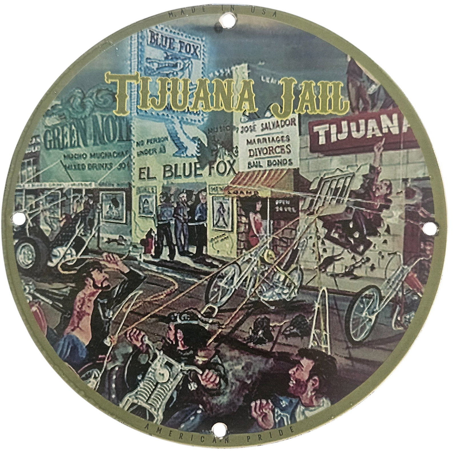 Vintage Porcelain Sign - Tijuana Jail Artwork - David Mann Inspired Collectible: Discover the essence of classic Americana with this stunning 8-inch porcelain sign inspired by the legendary artwork of David Mann. Featuring an eye-catching design, the 'Tijuana Jail' sign encapsulat