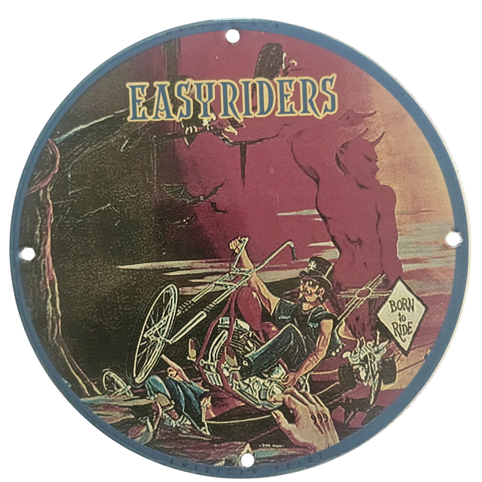David Mann Inspired Porcelain 'Easyriders' Motorcycle Collectible | 8-Inch Diameter Road Artwork: Explore the unique fusion of art and motorcycle culture with this stunning David Mann inspired porcelain sign, featuring the iconic 'Easyriders' design. Measuring 8 inches in diameter, this collectibl