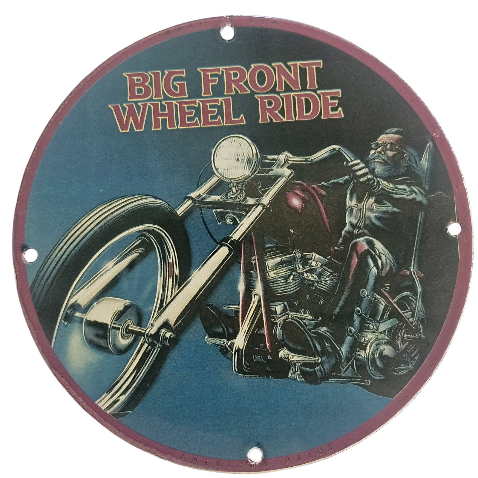 David Mann Inspired 8" Porcelain Sign - Big Front Wheel Ride Motorcycle Artwork: Unveiling a true piece of motorcycle culture, this 8-inch diameter porcelain sign, inspired by acclaimed artist David Mann, embodies the spirit of freedom and the untamed allure of the open road. The