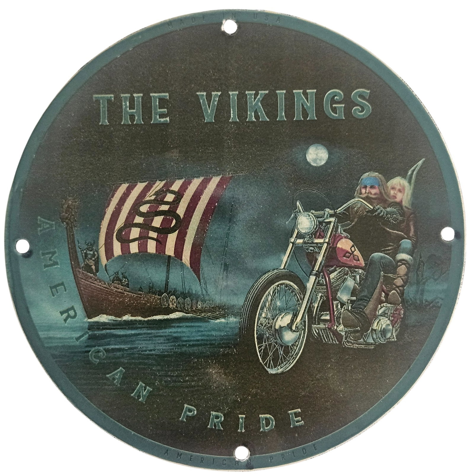 Vintage David Mann Inspired Porcelain Sign - The Vikings - 8" Motorcycle Collectible: Discover a stunning piece of motorcycle art with this vintage porcelain sign inspired by the renowned artist David Mann. Measuring an impressive 8 inches in diameter, this collectible features a capti
