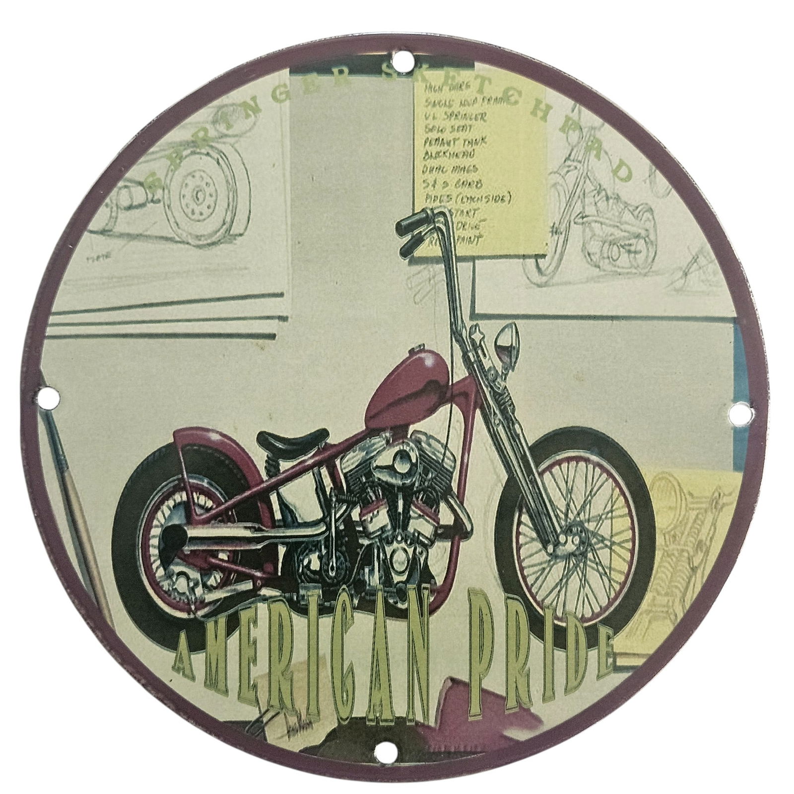 David Mann Inspired American Pride Motorcycle Porcelain Sign - 8" Collectible Artwork: Experience the spirit of freedom and adventure with this stunning David Mann inspired porcelain sign, measuring 8 inches in diameter. This collectible artwork pays homage to the legendary motorcycle c