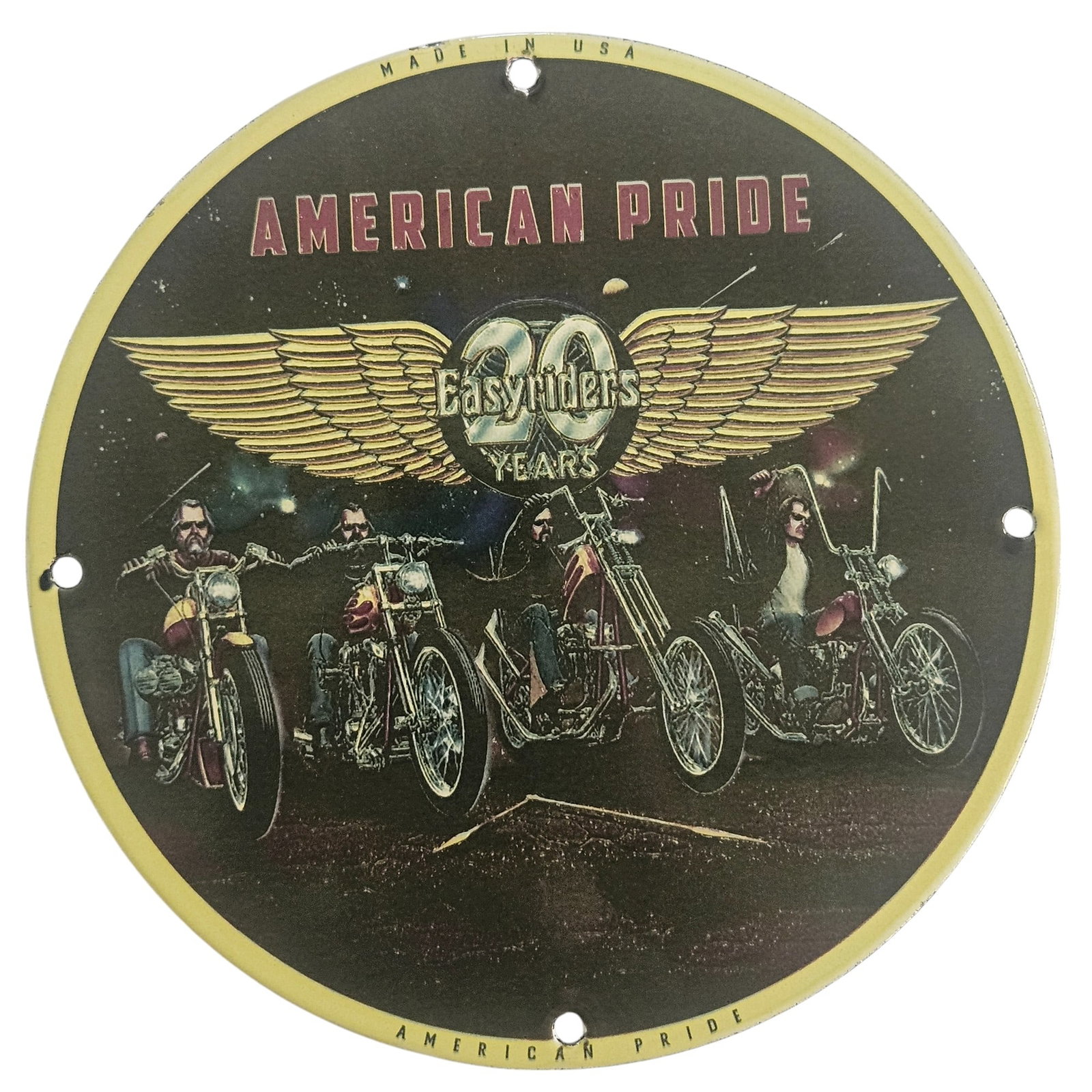 David Mann Inspired American Pride EasyRiders Motorcycle Porcelain Sign - 8" Diameter Collector's: Celebrate the spirit of freedom and the iconic motorcycle culture with this exquisite porcelain sign, inspired by the legendary artist David Mann. Measuring 8 inches in diameter, this sign embodies th