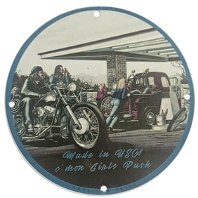 8" Round Porcelain Motorcycle Sign ? Gas Station Biker Scene