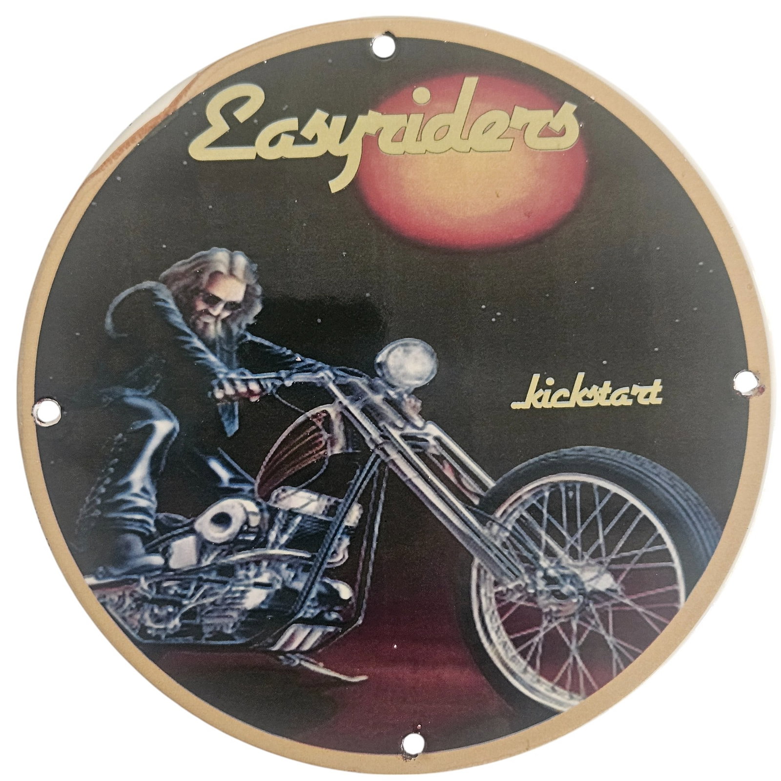 David Mann Inspired Motorcycle Collectible Porcelain Sign - Easy Riders Vintage Artwork: Discover the captivating world of motorcycle art with our exquisite David Mann inspired porcelain signs. Measuring at a perfect 8 inches in diameter, these collectible pieces feature iconic road artwo