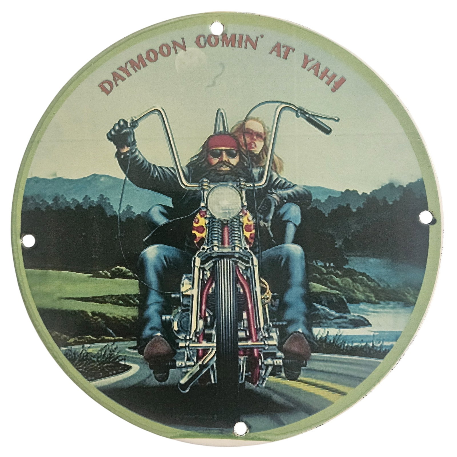 David Mann Inspired Motorcycle Porcelain Sign - 8 Inch Road Artwork collectible: Introducing a stunning collectible porcelain sign inspired by the iconic artwork of David Mann, known for his vivid portrayals of the motorcycle culture. This 8-inch diameter sign features classic ima