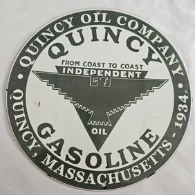 Vintage 1934 Quincy Oil Company Porcelain Sign - Collectible Gasoline Advertising