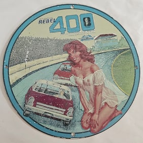 Vintage Rebel 400 Porcelain Sign with Classic Car and Pin-Up Girl Art