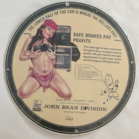 Vintage 1965 John Bean Division Porcelain Sign: Safe Brakes Pay Profits