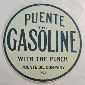 1923 Puente Gasoline Porcelain Sign - Vintage Oil Advertising Collectible